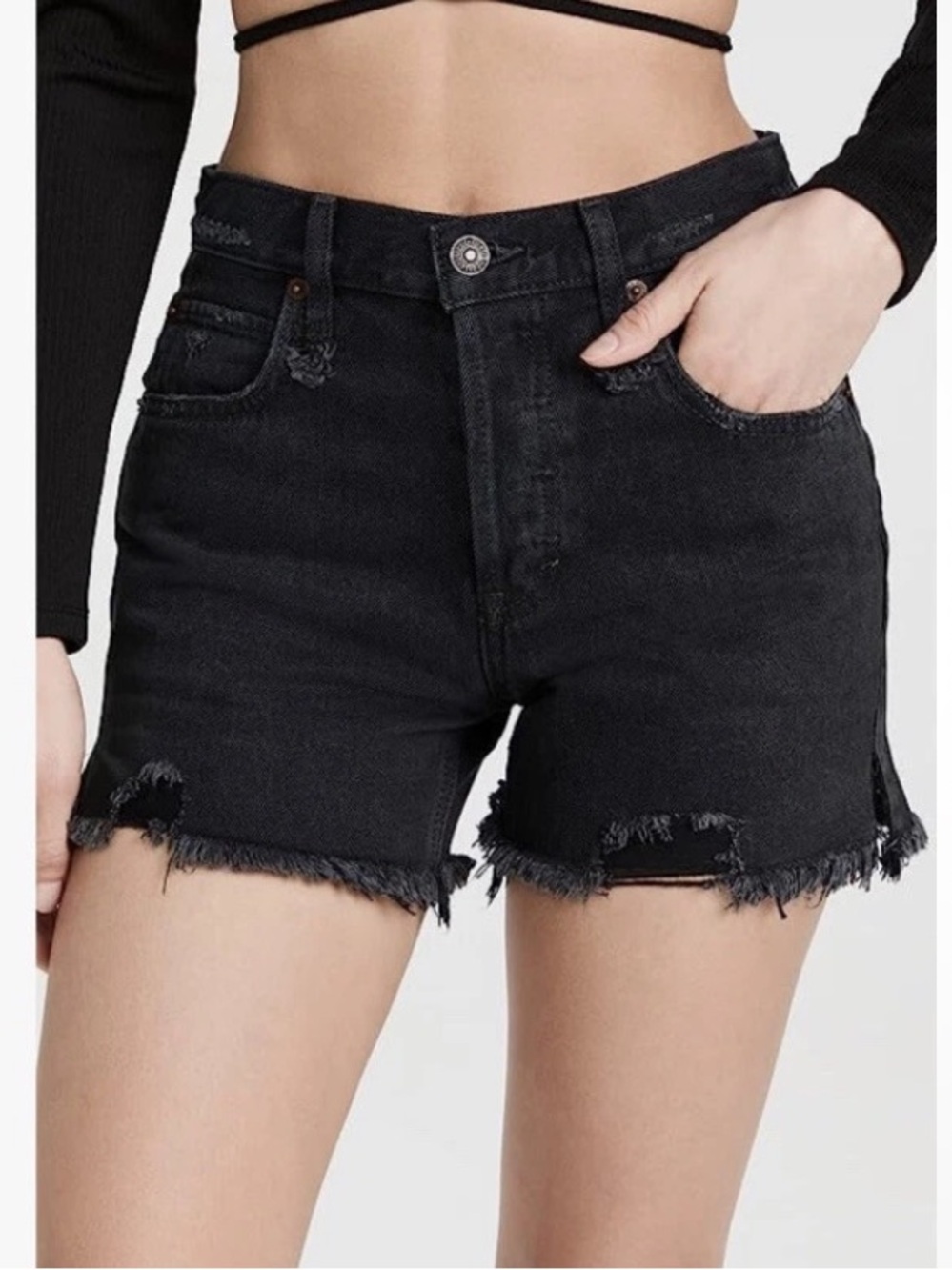 Free People Black Distressed High-Rise Jean Shorts